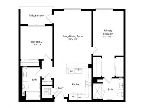 Floor plan for 2 beds, 2 baths, 1161 sqft